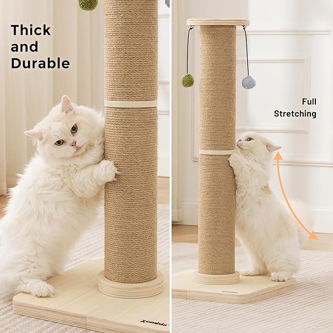 35'' Cat Scratching Post for Indoor Cats Adults, Tall Scratching Posts with Thicken Wooden Base, Sisal Scratcher Top & Removable Dangling Balls, Super Sturdy for Large Big Cat
