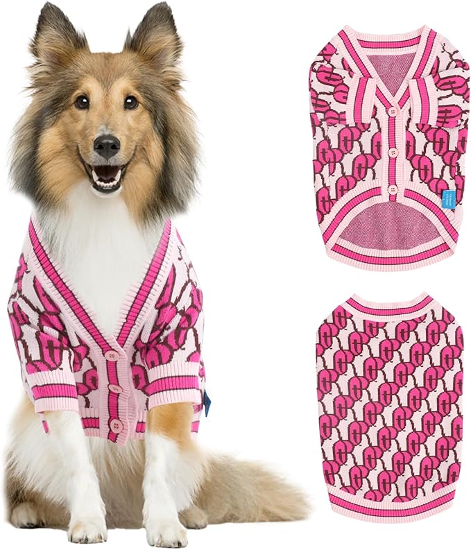 Dynamic Letter Patterned Button Cardigan Dog Sweaters,Boys' Dog Sweater,Girls' Dogs Sweaters,Knitted Pet Clothes,Pet Clothing,Fit for Kinds of Dogs and Different Seasons (Pink 2XL)