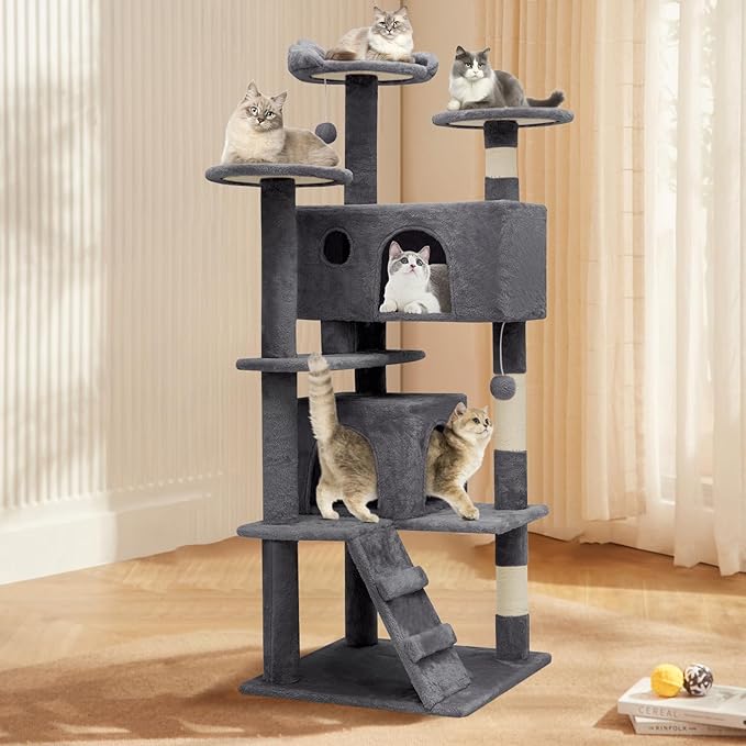 Athena Collection Modern Cat Tree Tower, 54 Inch Tall Cat Tree Climbing Tower with Scratching Post 2 Condo Multi-Level Activity Center and Playing Ball for Indoor Large Adult, Grey