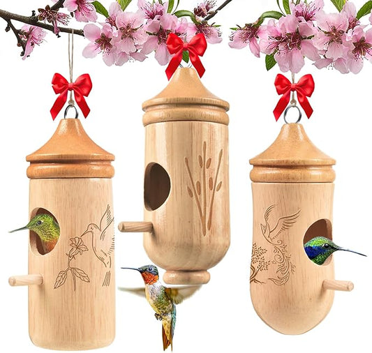 Hummingbird House, Solid Wood Hummingbird Houses for Outside-Exquisitely Handcrafted Birdhouse with Ribbon and String Hanging Kit, Durable Garden Decor, Perfect Gardening Gift(Style-EFG, 3 Pack)