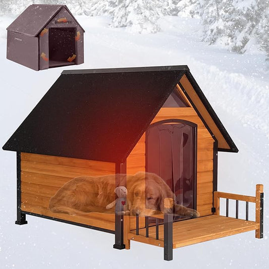 Dog House Outdoor, Insulated Dog Kennel Outside for Large Breed, 50.87" L Weatherproof Large Dog Shelter with Anti-Chewing Iron Frame (Brown, 50.87" D x 37.44" W x 37.2" H)