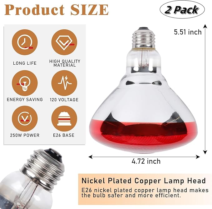 250W Red Heat Lamp Bulbs for Chicken, 2Pack Infrared Heat Lamp for Coop Brooder, Heat Lamps for Chicks, Reptile, Amphibian, Pets