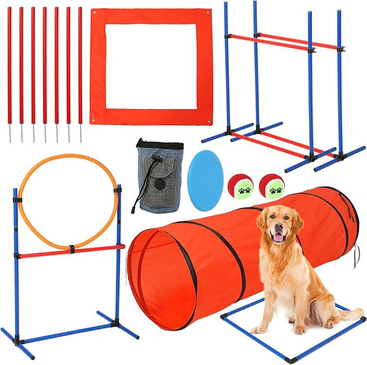 Dog Agility Training Equipment, Perfect Obstacle Course Backyard Set with Tunnel, 2 Agility Hurdle, 8 Weave Poles, Jump Ring, Pause Box, Toy Balls and Storage Bag, Dog Outdoor Game Sets (87 PCS)