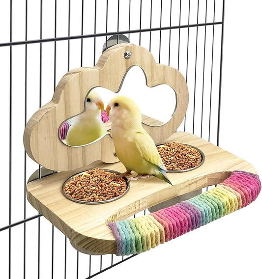Tfwadmx Bird Parrot Wooden Feeding Cups Small Bird Feeding Dish Cups Stainless Steel Birds Bowls Food Water Bowls with Food Holder for Lovebirds Parakeet Macaw Finches