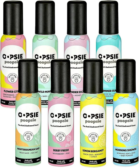 Pre-Poo toilet spray, discreet & portable original odor deodorizer scents. Pocket-friendly pre-poo spray to use on the go 2oz 8-bottle variety pack for 8-distinct aroma experience