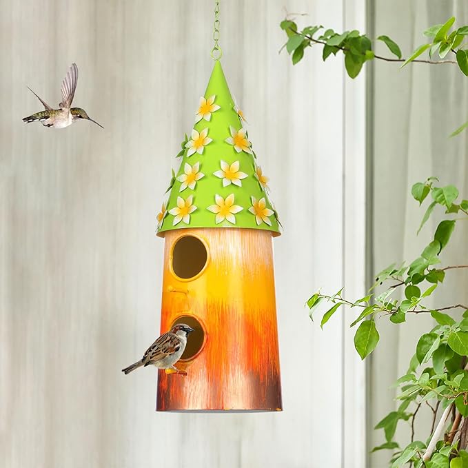 BAYN Hanging Bird House for Outside, 2 Story Double Hole Metal Birdhouse for Outdoor Hanging Handwork Bird Nest Decorative Garden Decor Outdoor