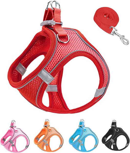 M Red Soft Mesh Dog Harness and Leash Set,No Escape Puppy Harnesses for Training Walking， Reflective Adjustable Puppy Vest for Small Medium Dogs, Cats (Red, M)