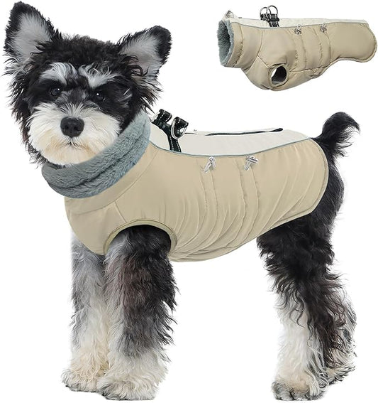 IDOMIK Warm Dog Coat with Harness Built-in, Thick Fleece Dog Winter Jacket with High Collar&Zipper, Waterproof Reflective Dogs Cold Weather Coats for Small Dogs, Pet Snow Jacket Vest(Apricot,S)