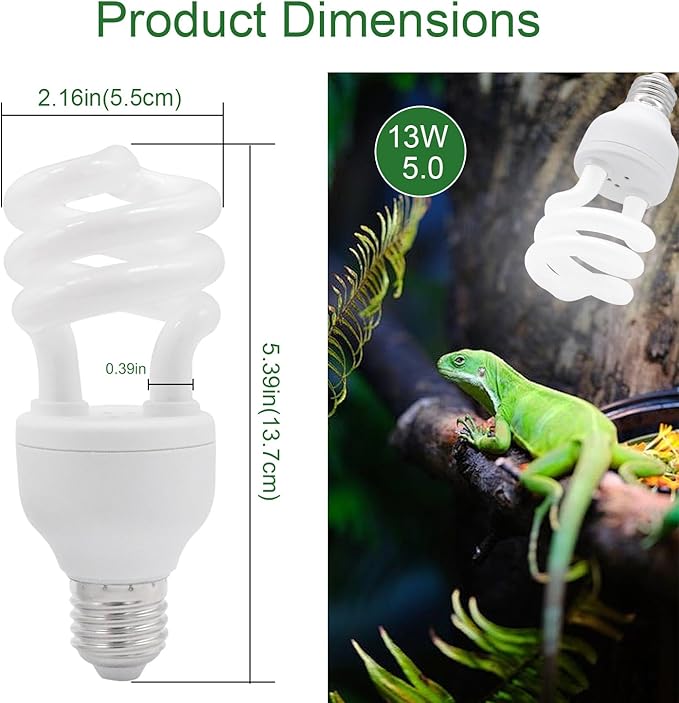 UVB Light Bulb for Reptiles, 13W 5.0 UVA UVB Heat Lamp Bulbs Ideal for Rainforest Reptiles, Bearded Dragons Lizard Turtle Tortoise Iguanas Chameleons Snake (1 Pack)