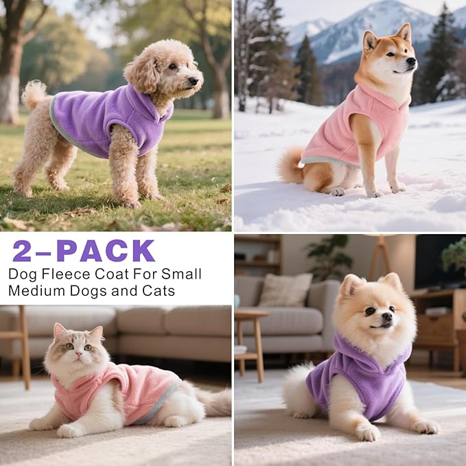 Idepet 2 Pack Dog Fleece Vest Sweater Warm Pullover Jacket with D-Ring Leash Reflective Winter Coat Hoodie for Small Medium Dogs Puppy Cat Pet Clothes (Purple&Pink, X-Large)