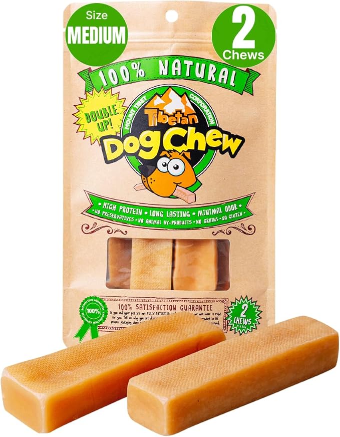 Tibetan Yak Cheese Dog Chew Sticks (2 Medium Chews) - Natural, Handmade, Long-Lasting, Easy to Digest, Ideal for Medium Dogs and Aggressive Chewers, Rawhide, Grain and Gluten Free, Keeps Dogs Busy