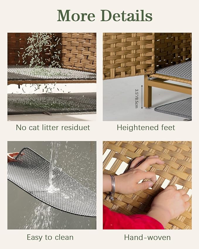 Cat Litter Box Enclosure Furniture with Divider, Handwoven Rattan Litter Box with Mat, 31.2 x 19.6 x 24.2 Inches, Metal Heightened Feet, Hidden Cat House for Living Room, Bedroom (Natural)