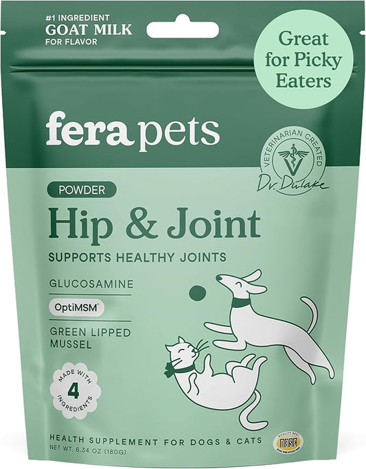 Fera Pets Goat Milk - Cat & Dog Hip and Joint Support with Glucosamine, MSM & Green Lipped Mussel - Supports Flexibility, Mobility & Bone Health - for Picky Eaters - 60 Tsps