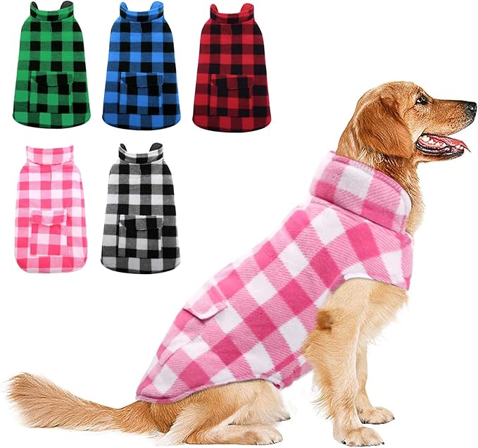 ASENKU Dog Winter Coat, Fleece Doggie Jacket Plaid Reversible Vest Waterproof Windproof Cold Weather Clothes for Small Medium Large Dogs (L, Pink)