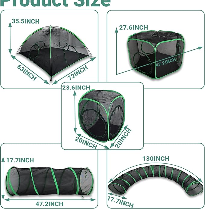 6-in-1 Catio Outdoor Cat Enclosure, Enclosed Cat Playpen Include 3 Tents & 3 Tunnels, Portable Tent for Kitty and Small Animal Within Storage Bag, Support Expansion