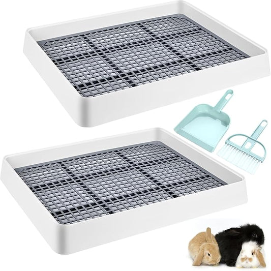 VAIPI 2 Pack Large Rabbit Litter Box with Small Broom and Dustpan Litter Pan for Cage Grate Restroom Bunny Toilet Tray for Rabbit Rats- 15 x 12.2 x 2.6 Inches