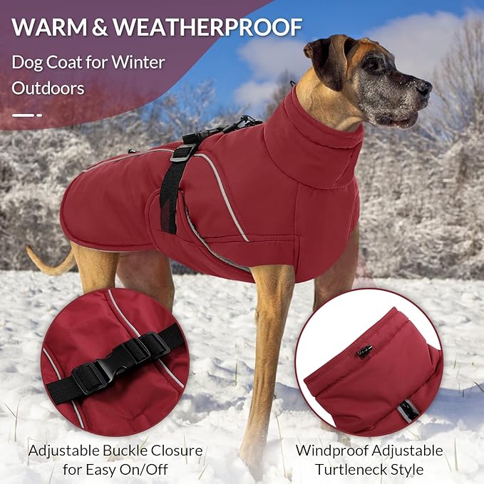 Queenmore Small Dog Coat, Winter Jacket, Waterproof Puffy Snowsuit, Adjustable Reflective Fleece Lining Warm Padding Parka for Cold Weather, Red S