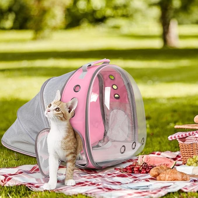 Cat Backpack Carrier Bubble Expandable Foldable Breathable Pet Carrier Dog Carrier Backpack for Large Big Cats Hiking, Travelling, Camping (Back Expandable-Pink)