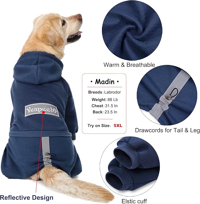 Dog Hoodies Winter Coat for Large Medium Dogs, Pullover 10 Legs Warm Coat Hooded Sweatshirt, Fleece Hoodie for Cold Weather (Dark Blue, 2X-Large)