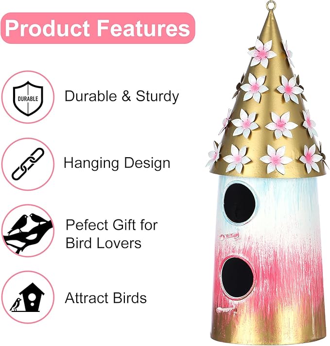 BAYN Hanging Bird House for Outside, 2 Story Double Hole Metal Birdhouse for Outdoor Hanging Handwork Bird Nest Decorative Garden Decor Outdoor