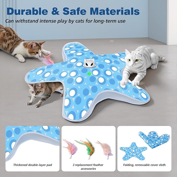 Interactive Cat Toys for Indoor Cats, Rechargeable Hide and Seek Cat Toy with Moving Concealed Feathers, Touch Activated Kitten Toys Cat Exercise Toys, Blue White Cover