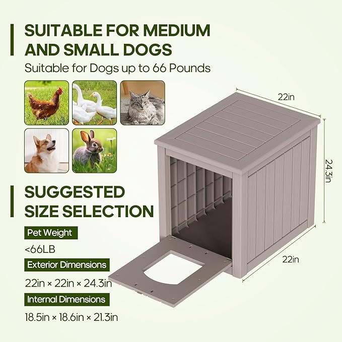 ROJIK Dog House Outdoor Waterproof,Resin Puppy Shelter Indoor with Flip Lid and Elevated Floor,Cat Duck Chicken Shelter, Portable and Easy Assembly(Grey)