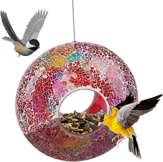 Topadorn Mosaic Bird Feeder - Hanging Circular Fly-Through Feeder for Wild Birds