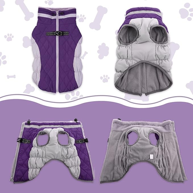Lelepet Dog Coat Warm Dog Winter Coat Waterproof Dogs Jacket with Harness Built in Reflective Pet Fleece Vest Zip-Up Cold Weather Coats for Medium Dogs Turtleneck & Windproof Coats Dachshund Purple M