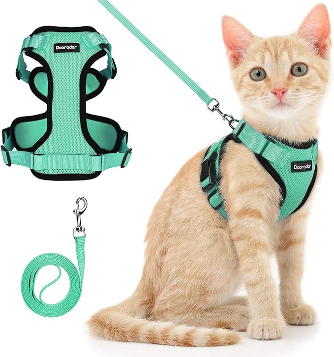 Dooradar Cat Harness and Leash Set, Escape Proof Safe Adjustable Kitten Vest Harnesses for Walking, Easy Control Soft Breathable Mesh Jacket with Reflective Strips for Cats, Green, XS