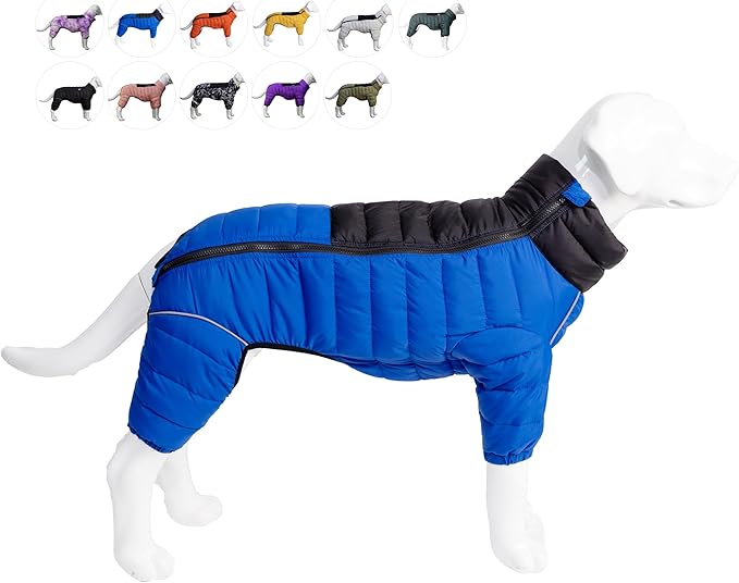 Lovelonglong Dog Coat Dog Warm Jacket, 4 Legs Covered Waterproof Windproof Reflective Warm Dog Vest, Zippered Adjustable Outdoor Dog Snow Jacket for Small Medium Large Dogs Blue XXXL