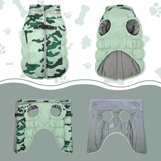 Lelepet Dog Coat Warm Dog Winter Coat Waterproof Dogs Jacket with Harness Built in Reflective Pet Fleece Vest Zip-Up Cold Weather Coats for Small Dogs Turtleneck Windproof Coats Yorkie Mint Green Camo