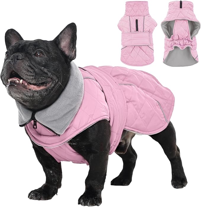 Kuoser Dog Coat, Extra Warm Dog Jacket Windproof Dogs Cold Weather Coats for Small Dogs, Fleece Lining Turtleneck Doggy Snowsuit Reflective Adjustable Pet Winter Clothes Christmas, Pink S
