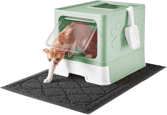 Cat Litter Box with X-Large Litter Mat and Scoop, Large Foldable Litter Box with Lid, Enclosed Kitty Box,Front Top Entry Exit, Odor Control Easy to Clean (Upgrade Green)