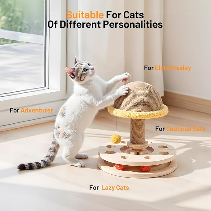 Sisal Cat Scratcher for Indoor Cat Kitten Mushroom Cat Scratching Post with Hanging Ball,Solid Wooden 2 Level Track,Interactive Toy