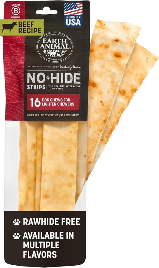 Earth Animal No Hide Strips Beef Flavored Natural Treats | No Rawhide | Quick & Thin Dog Chews - 16 Count