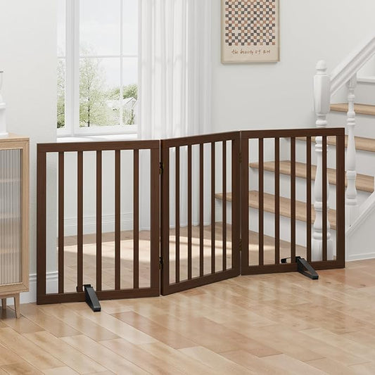 Dog Gates for Doorways, Freestanding Dog Gate Indoor, Foldable Pet Gates for Doorways Bedroom, Puppy Gate with Metal Support Feet, Room Divider 3 Panels (Dark Walnut)