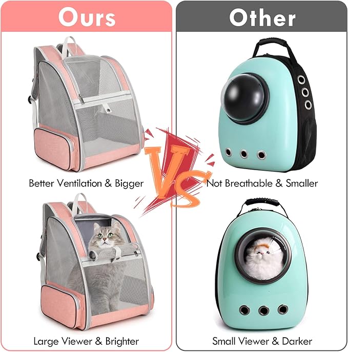 Cat Backpack Carrier, Large Pet Backpack with Kitten Wand Feather Toy for Medium Small Dog Cat Puppy Kitty Bunny up to 15lbs, Ventilated Mesh Dog Travel Carrier for Hiking Walking Outdoor Use (Pink)