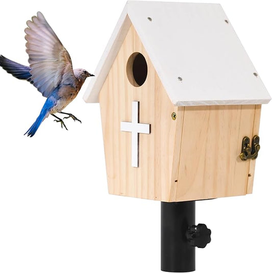 Church Style Large Bird House for Outdoor with Metal Tube, Thicken Wooden Hanging Birdhouse with Clear View Panel Clear View Panel Predator Guard Nesting Box for Swallow Wren Chickadee