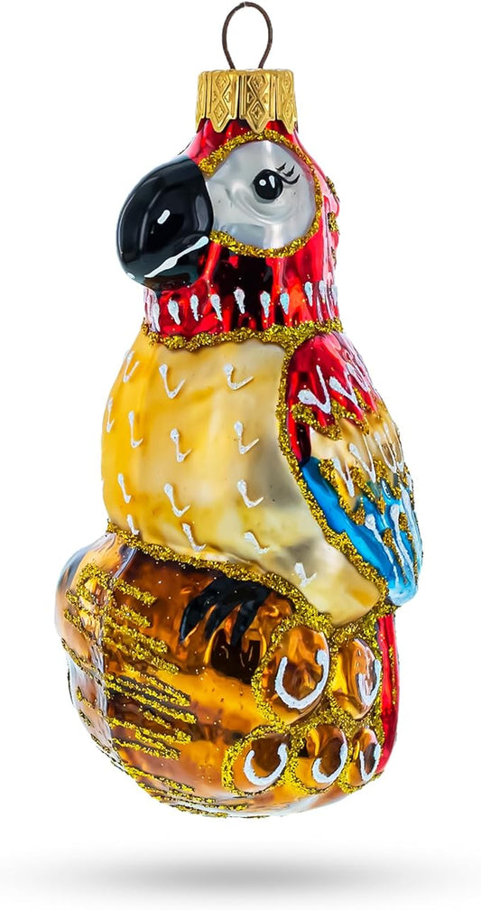 Colorful Parrot on a Branch Glass Christmas Ornament