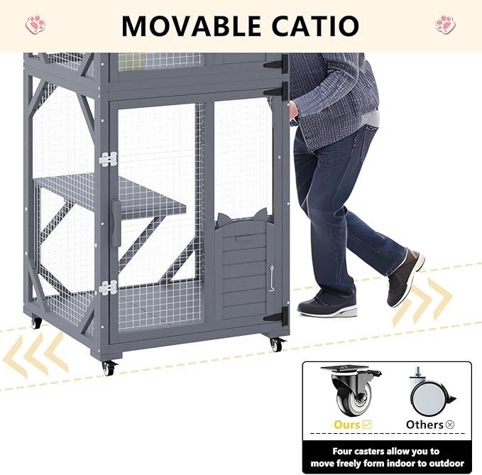 LEMBERI 71" Cat House Outdoor Catio Cat Enclosures on Wheels, Large Outside Patio Wooden Cat Cage Resting Box,Scratching Post, Waterproof Roof (Gray)