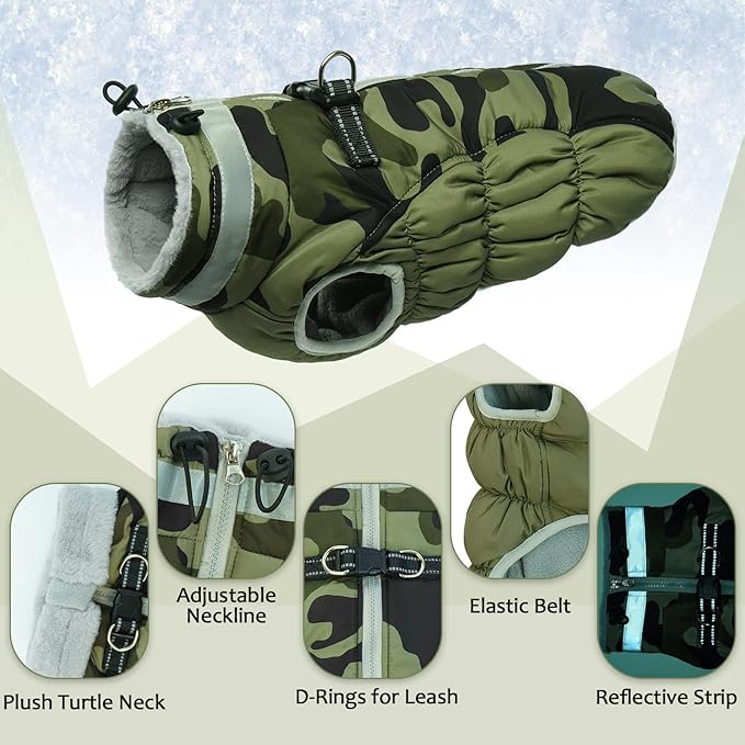 Lelepet Dog Coat Warm Dog Winter Coat Waterproof Dogs Jacket with Harness Built in Reflective Pet Fleece Vest Zip-Up Cold Weather Coats for Dogs Turtleneck & Windproof Coats Chihuahua Green Camo XS