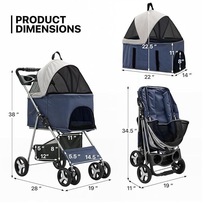 MoNiBloom 3 in 1 Foldable Pet Stroller for Small & Medium Dogs, Detachable Carrier, Car Seat, Push Button Entry, 4-Wheel Jogger for Pets up to 33 lbs, Navy Blue