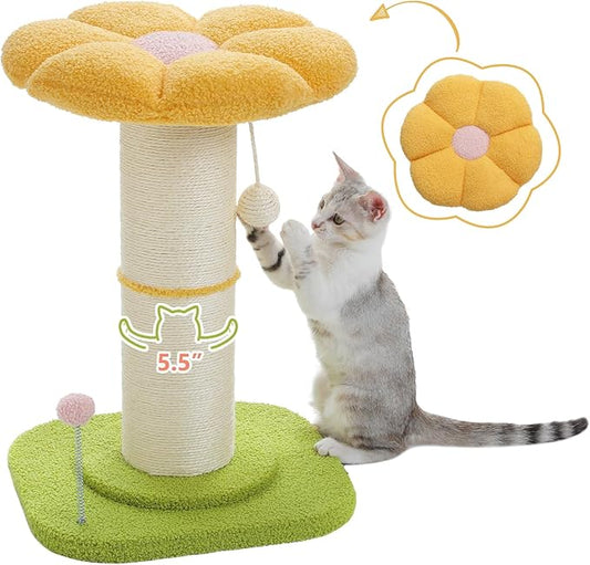 PEQULTI Flower Cat Scratching Post, Small Cat Tree, Scratcher for Indoor Cats with Super Thick Scratching Post [Dia=5.5''], Removable Flower Bed, Cat Scratch Post with Spring Ball, Yellow