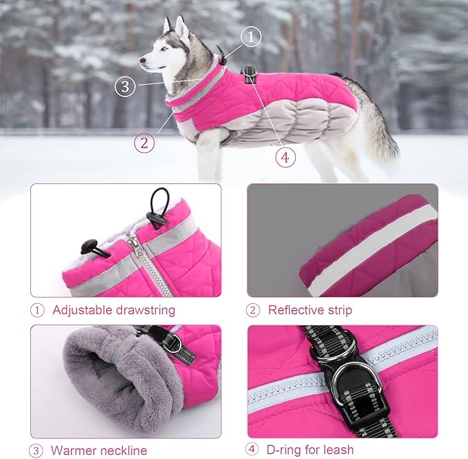 Lelepet Dog Coat Warm Dog Winter Coat Waterproof Dogs Jacket with Harness Built in Reflective Pet Fleece Vest Zip-Up Cold Weather Coats for Dogs Turtleneck & Windproof Coats Chihuahua Rose Red XS