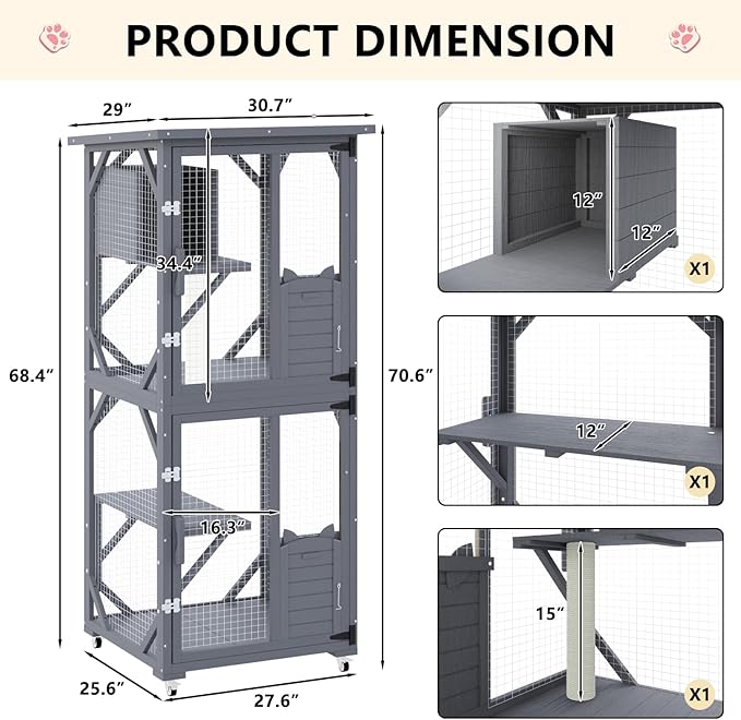 LEMBERI 71" Cat House Outdoor Catio Cat Enclosures on Wheels, Large Outside Patio Wooden Cat Cage Resting Box,Scratching Post, Waterproof Roof (Gray)
