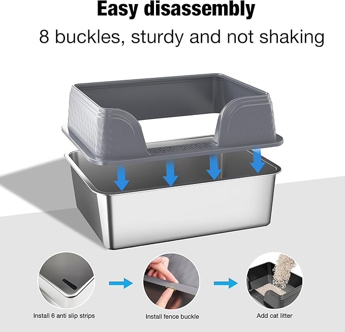 Suhaco Extra Large Stainless Steel Litter Box with Lid XXL High Sided Cat Litter Boxes Included Litter Mat & Litter Scoop Anti-Urine Leakage Metal Pet Toilet for Big Cats (Grey XXL)