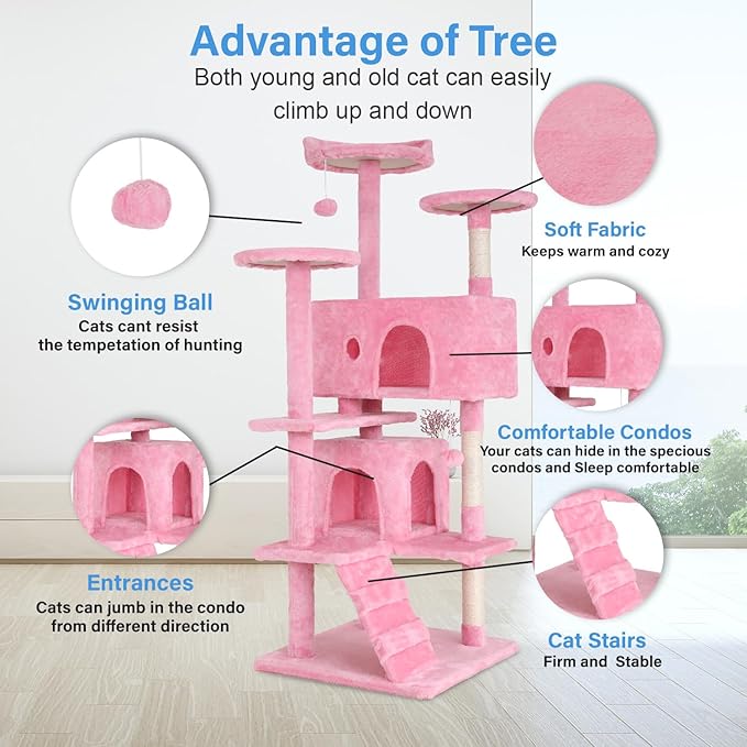 FDW Cat Tree 54in Cat Tower Multi-Level Durable Cat Scratching Post & Cozy Fun Cat Jumping Platform Space Saving Cat Condo Pet Play House for Indoor Cats,Pink