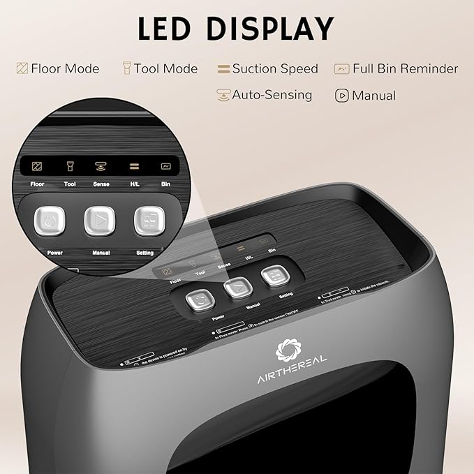 AIRTHEREAL T1 Touchless Vacuum Automatic Dustpan with 2 Operation Modes - Ultra Fast & Powerful Corded Canister Vacuum for Sweeping Salon, Pet Hair, Food, Dirt, Kitchen, 20Kpa 1500 Watt Max Suction