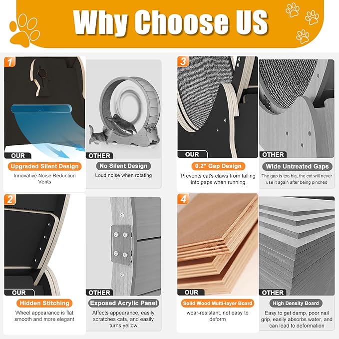 Large Cat Exercise Wheel 46 inch - Black Solid Wood Kitten Wheel Exerciser for Indoor Cats, Safety Cat Treadmill with Lock & Minimized Gap Design