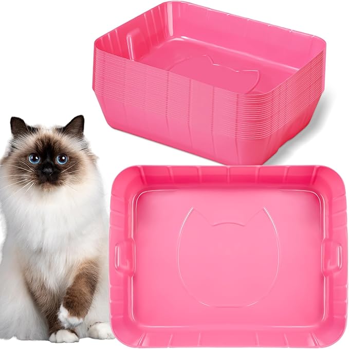 Bokon 25 Pcs Disposable Litter Boxes for Cats Plastic Cat Litter Tray Large Kitten Pan for Kitty Rabbit Guinea Pig Hamster Pets Supplies Travel Home Toilet, 15.7 x 11.8 x 3 Inches(Pink)